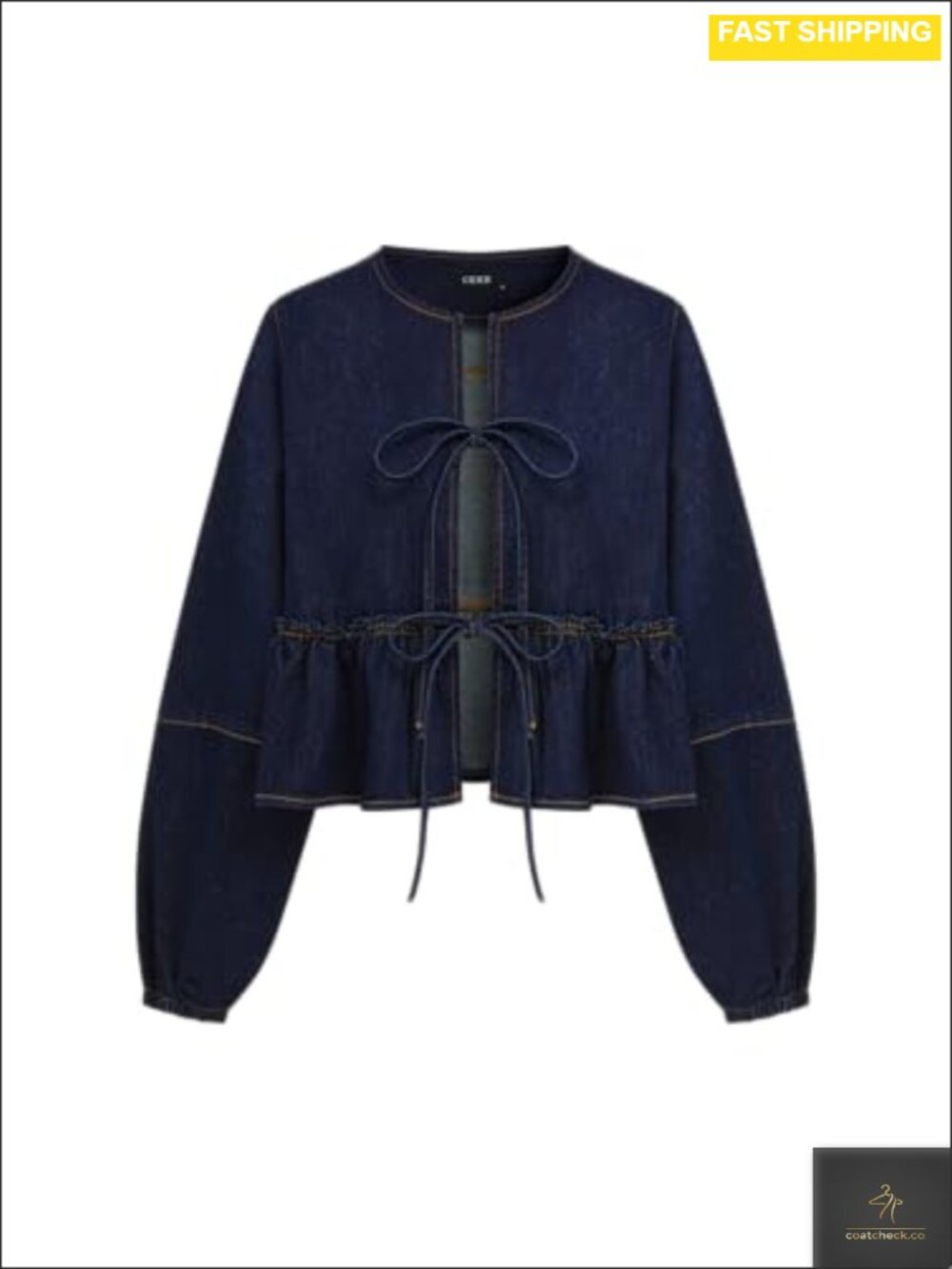 CIDER Cropped Denim Jacket Long Sleeve Peplum Tie Front Y2K Jean